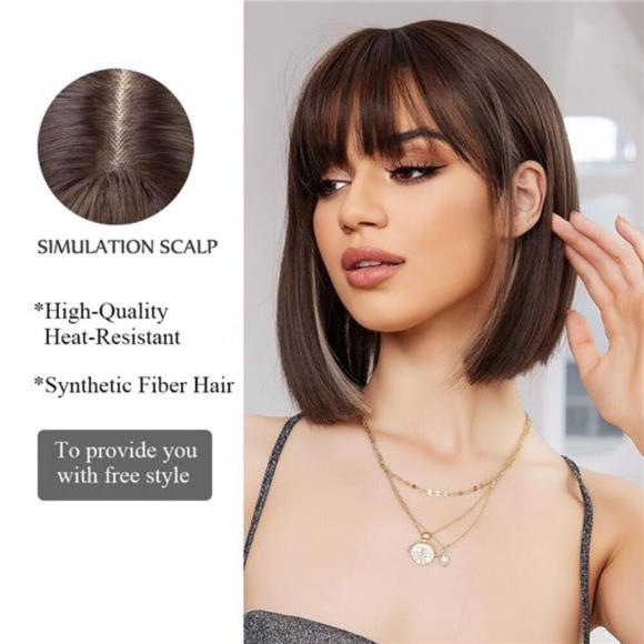 Brown Bob Wigs for Women Short Straight Wig with Bangs Synthetic Hair Heat main image 7